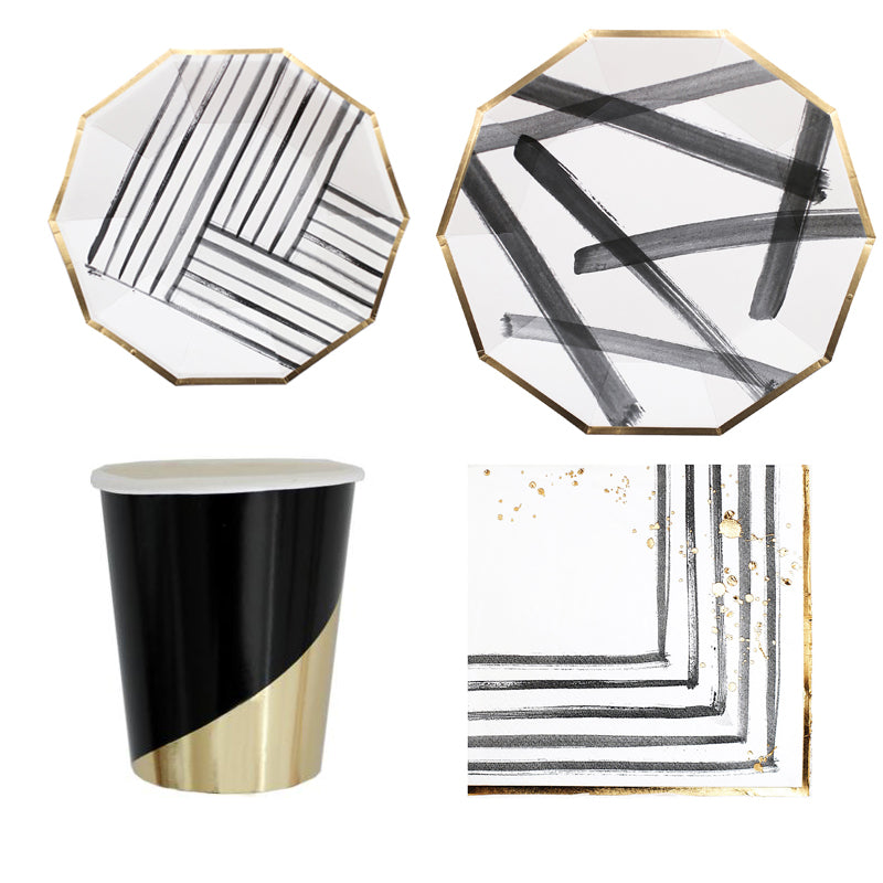 Black Ink Stripe Golden Rim Disposable Paper Tableware Set Paper Plates Cups Napkins Party Supplies Decoration