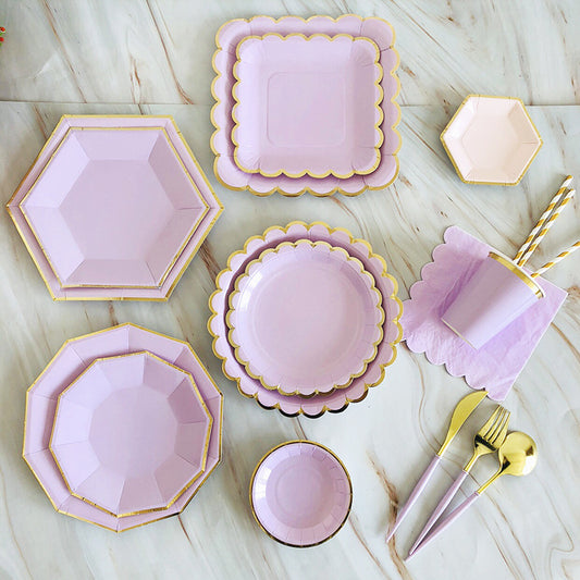 Golden Lace Purple Tableware Set Disposable Paper Plates Plastic Cutlery Party Supplies For Women Kids