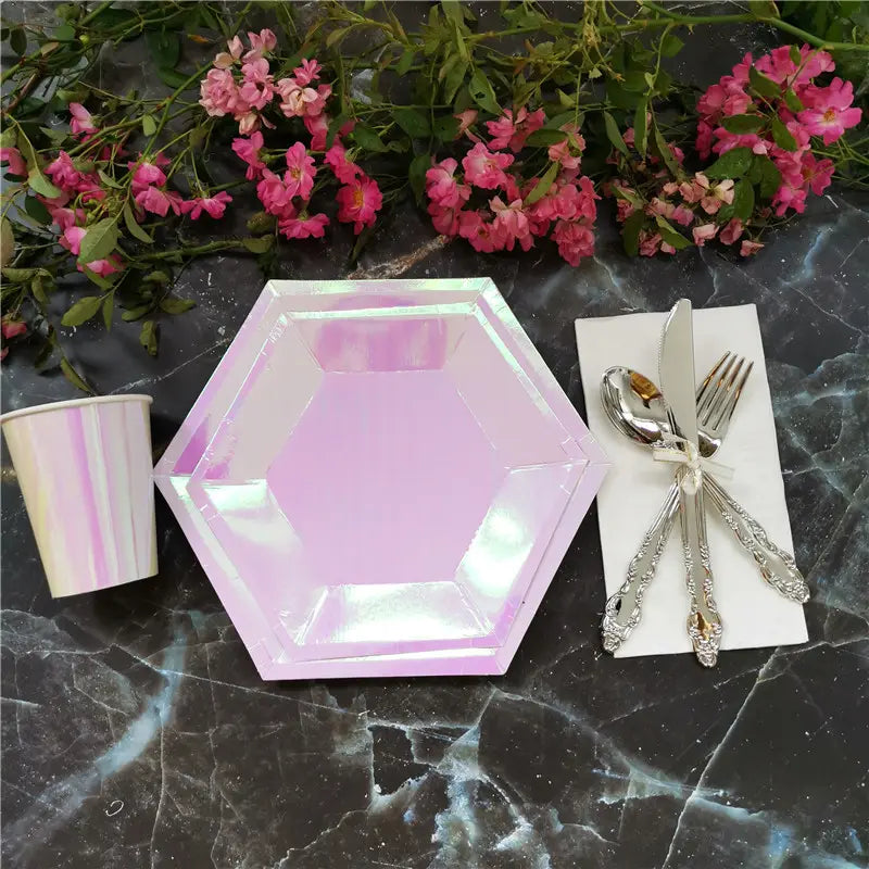 40PCs Pearl Color Disposable Paper Tableware Set for Birthday Wedding Baby Shower Decoration Paper Plates Cups Napkin Party Supplies
