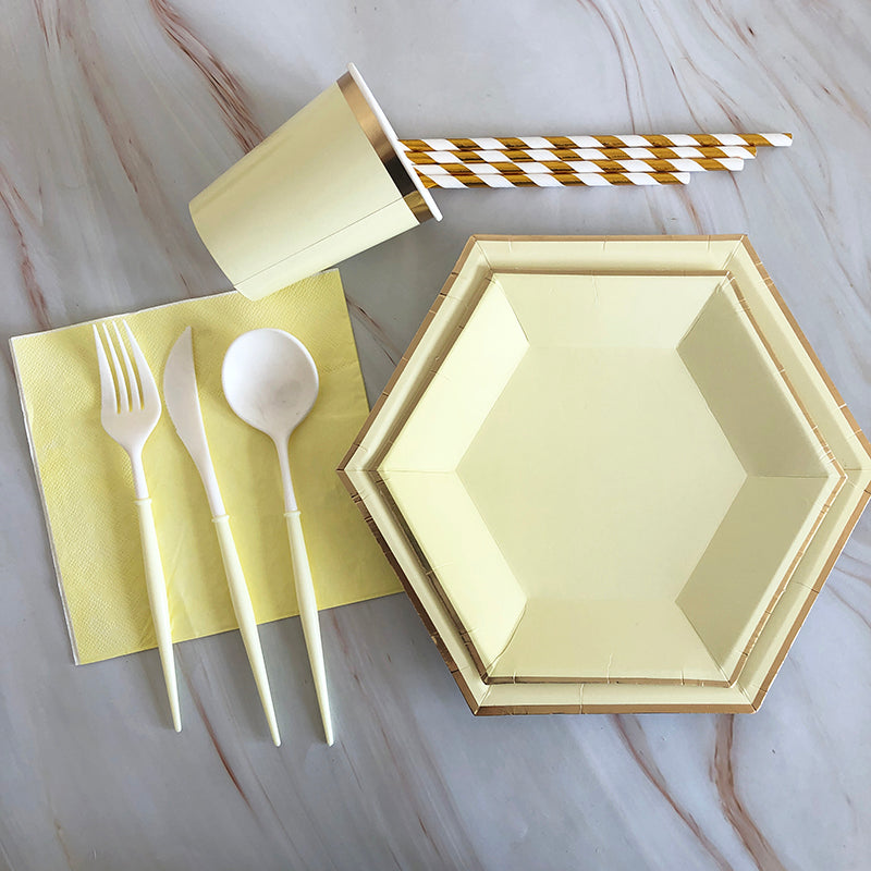 65PCs/Set Golden Rim Solid Colors Disposable Paper Tableware Set Wedding Decoration Hexagon Paper Plates Cups Napkins Party Supplies
