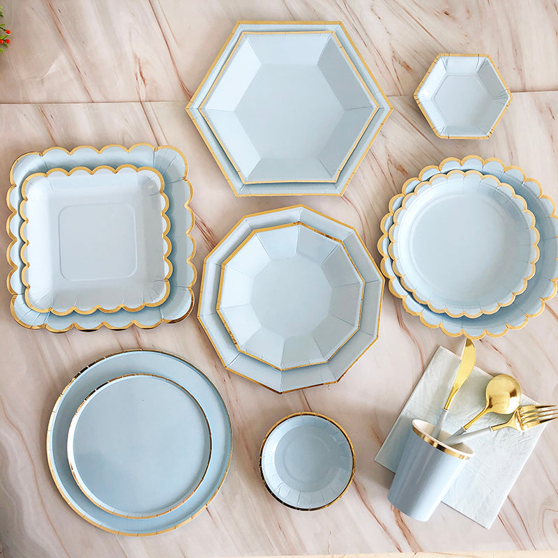 65PCs/Set Golden Rim Solid Colors Disposable Paper Tableware Set Wedding Decoration Hexagon Paper Plates Cups Napkins Party Supplies