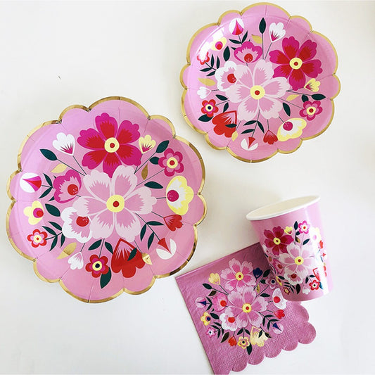 Pink Floral Disposable Paper Tableware Set for Birthday Wedding Decoration Paper Plates Cups Napkins Sets