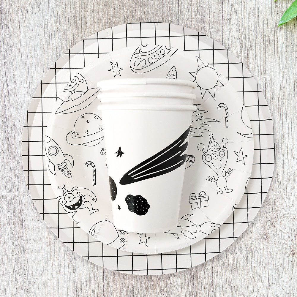 Black Plaid Cartoon Pattern Paper Party Needs Disposable Tableware Set for 8