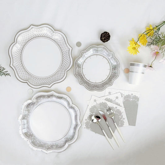 Vintage Silver Flower Lace Party Plates and Cups and Napkins Sets Disposable Paper Tableware Set for 8