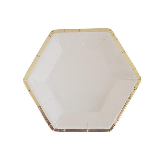 Hexagon Gold-rimmed Solid White Color Paper Tableware Party Plates and Cups and Napkins Sets for 8